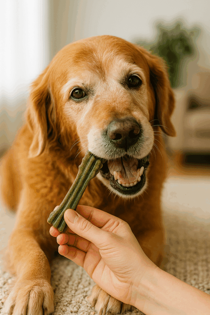 elderly golden retriever chewing a soft, senior-safe dental treat