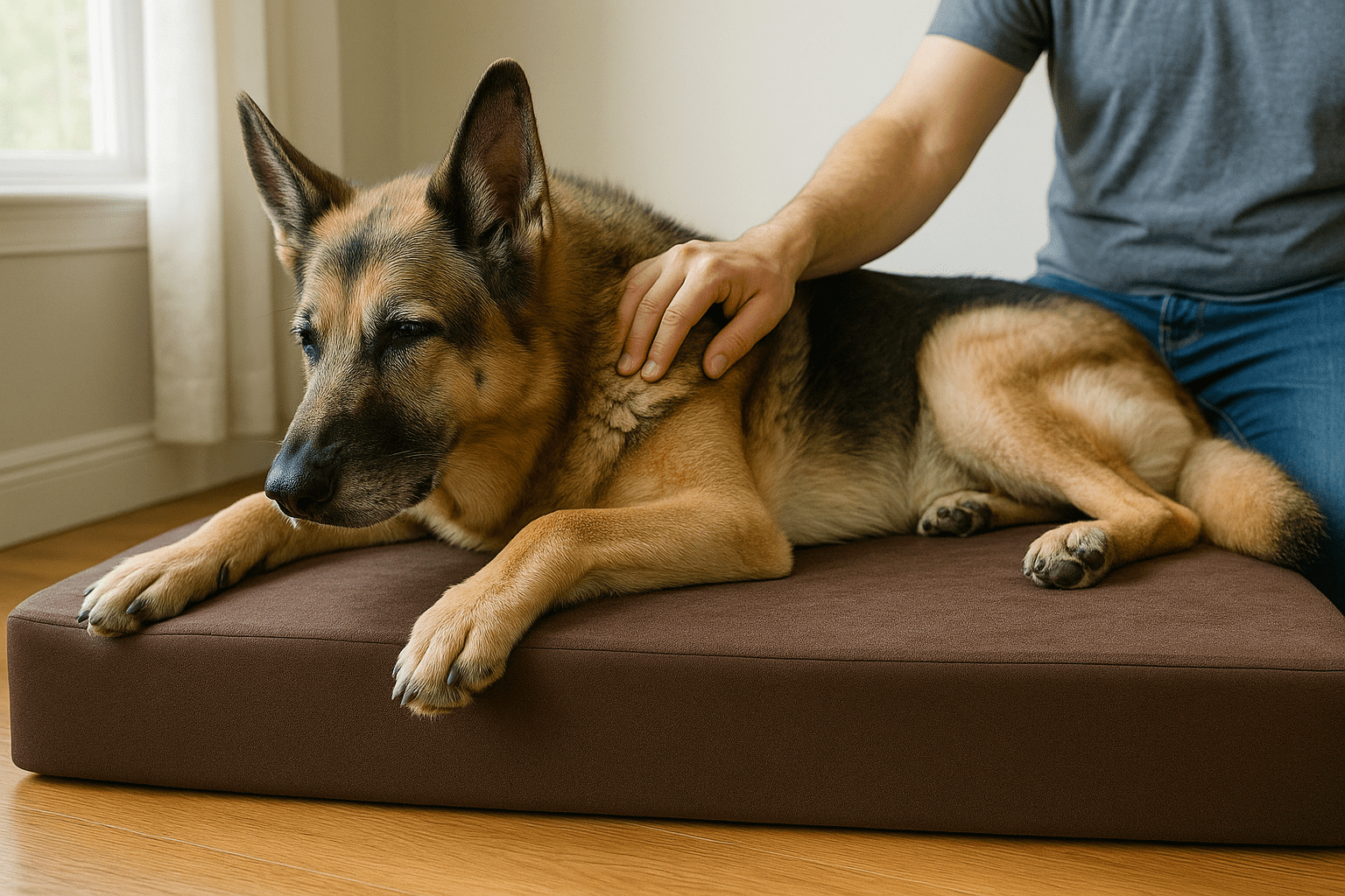 Senior German Shepherd lying on a thick, flat orthopedic foam bed with owner’s hand on shoulder
