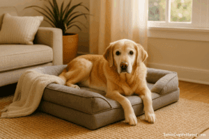 Senior dog resting comfortably on orthopedic bed in cozy living room