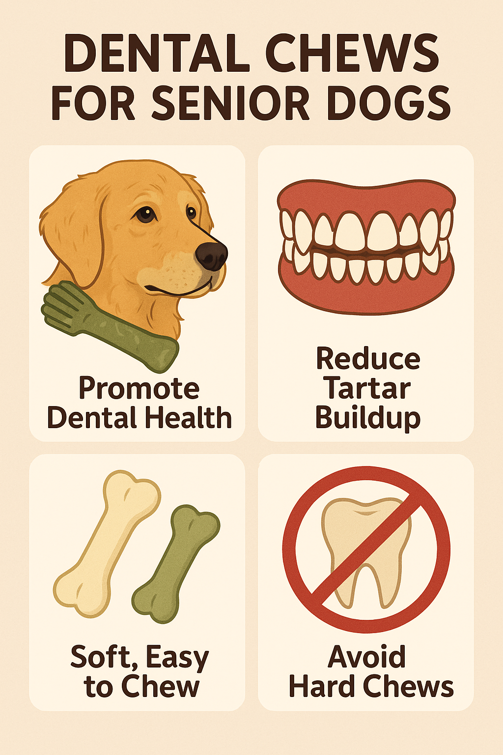 illustration showing dental-friendly food options for senior dogs