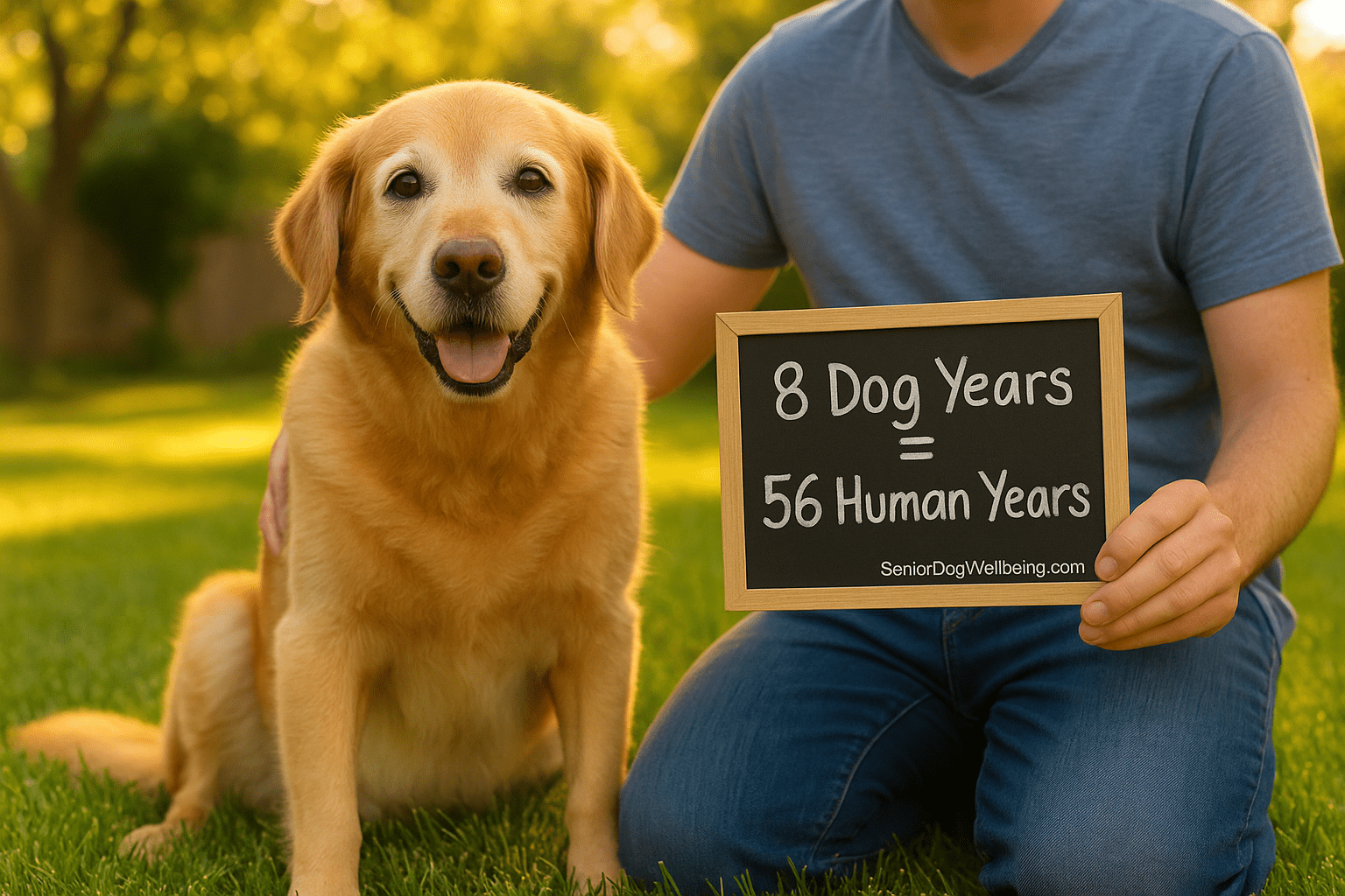Senior golden retriever sitting next to owner holding chalkboard showing dog’s age in human years