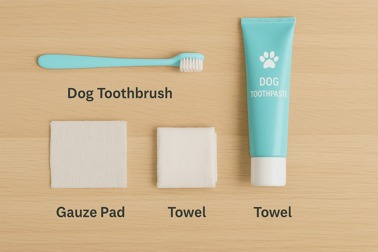 Dog toothbrush, finger brush, enzymatic toothpaste, and dental wipes arranged on a wooden surface.