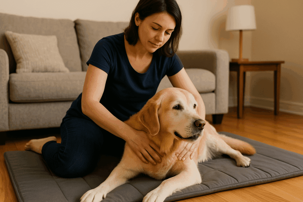 Canine massage therapist gently massaging a senior golden retriever on a padded mat