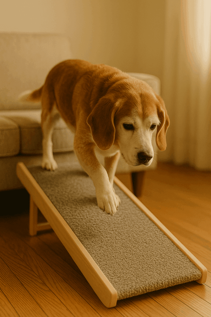 Senior dog using a carpeted ramp to access couch safely