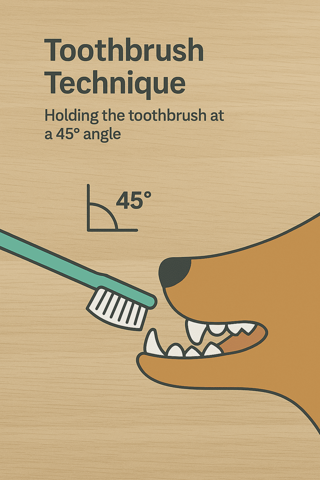 Toothbrush positioned at a 45-degree angle on a senior dog’s teeth.