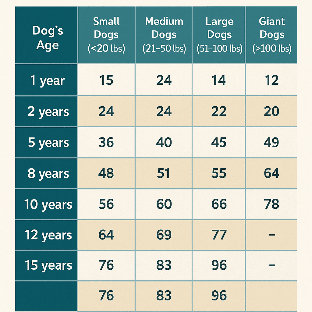 Dog age chart showing conversion from dog years to human years by breed size