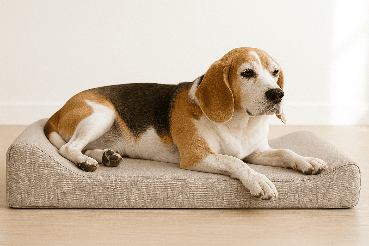 Senior beagle sprawled on a contoured orthopedic lounger with raised headrest