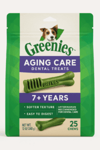 package of Greenies Aging Care dental chews designed for senior dogs