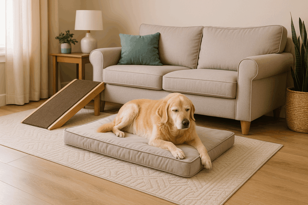 Senior dog resting on orthopedic bed in a cozy living room with non-slip rugs and a ramp leading to the couch