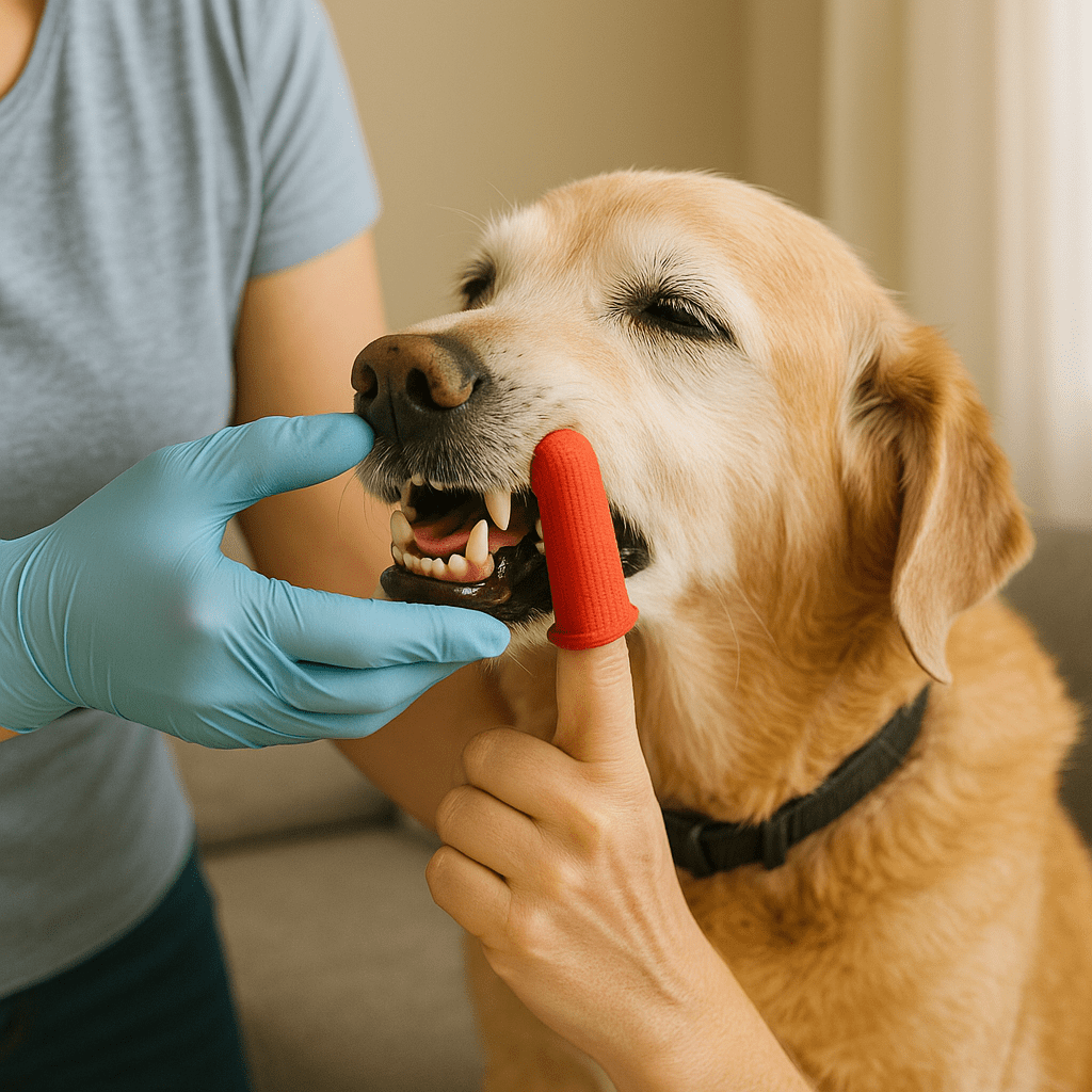 owner brushing senior dog’s teeth using a finger toothbrush