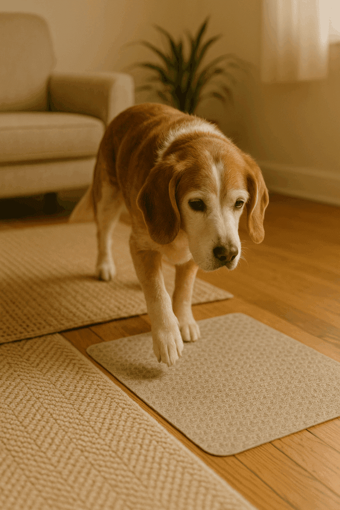 Senior beagle walking safely on non-slip rugs and mats in living room