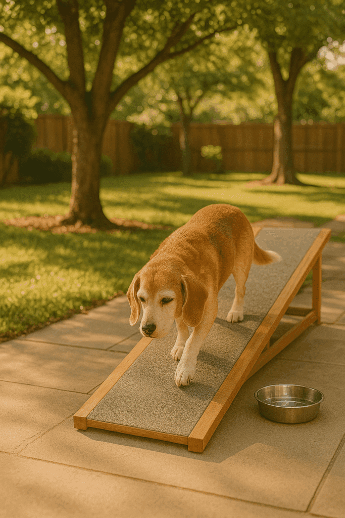 Senior dog walking down ramp to shaded backyard with water bowl