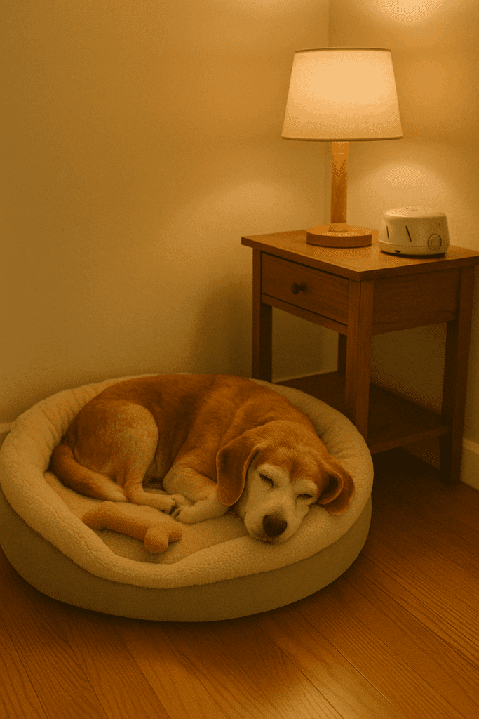 Senior dog sleeping in peaceful home corner with cozy bed and toy