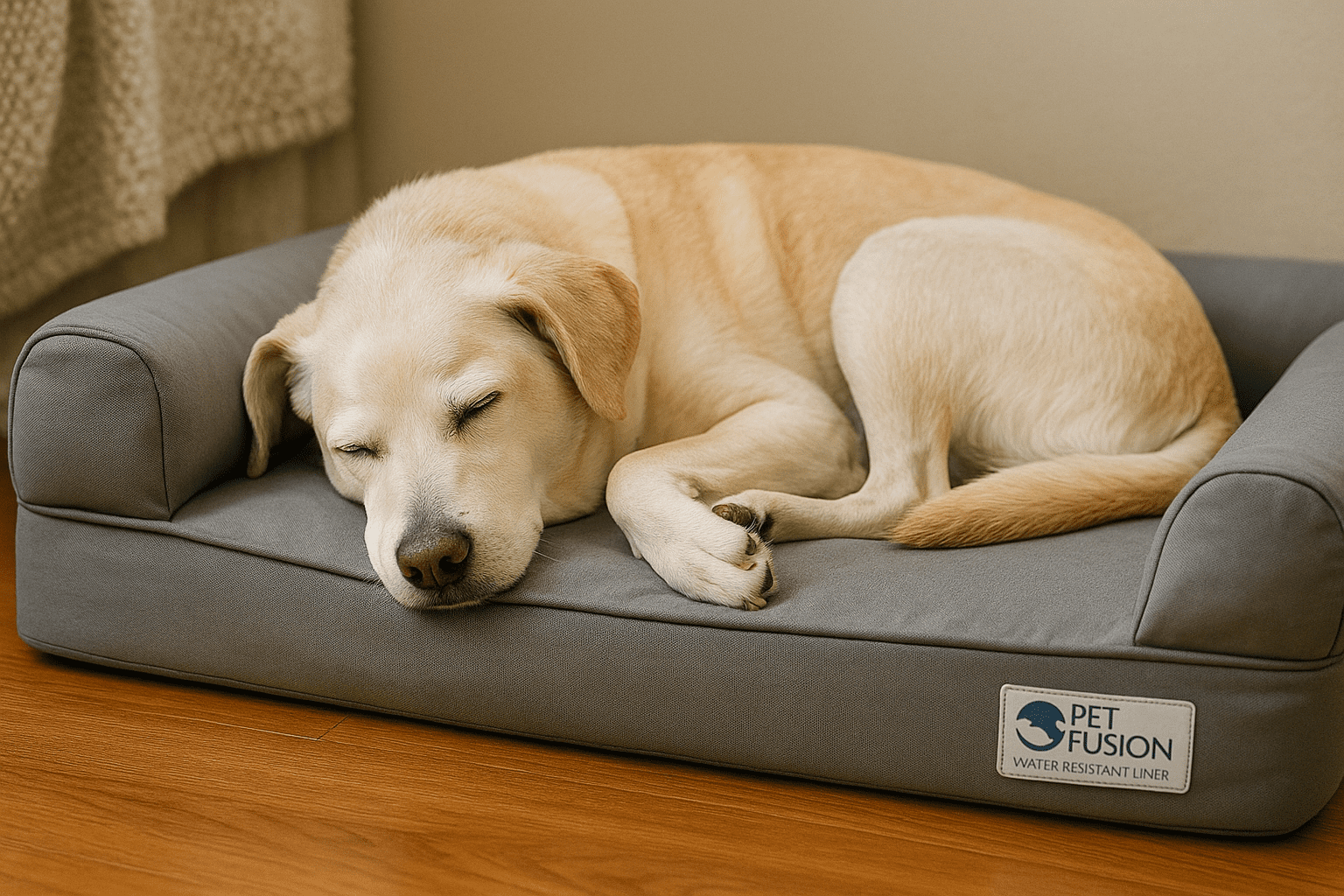 Senior Labrador mix curled against bolsters on a PetFusion memory-foam bed