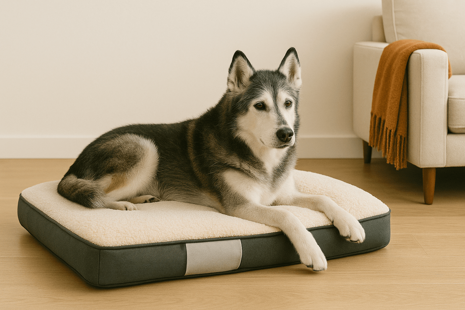 Senior husky mix resting on a reversible orthopedic cushion bed beside a cozy throw blanket