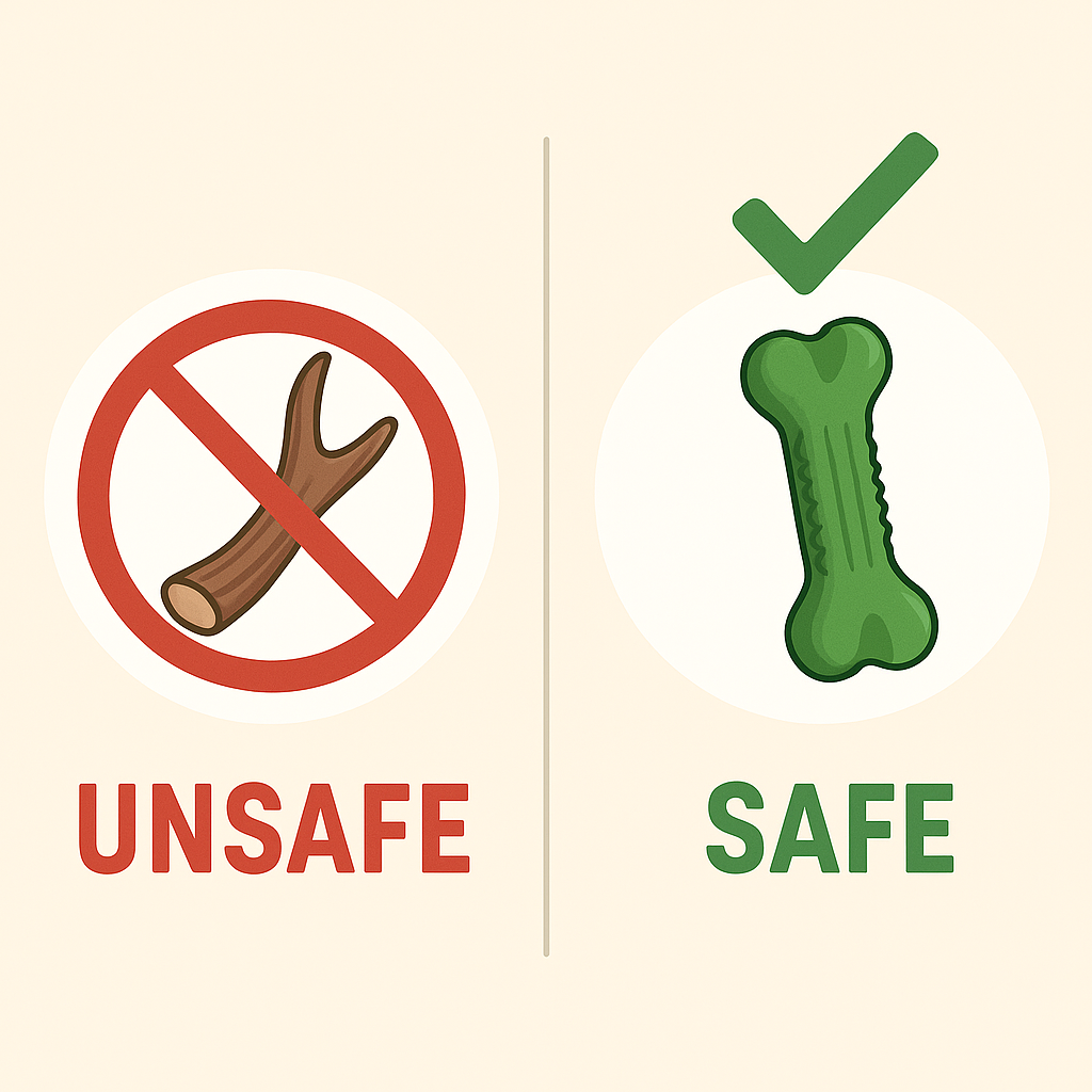 comparison chart showing safe soft dental chews versus unsafe hard bones for senior dogs