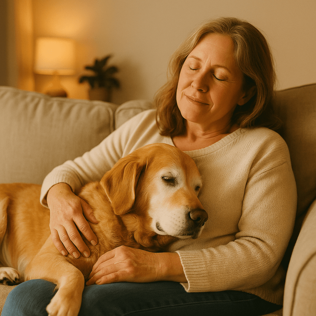 Senior dog cuddled peacefully beside owner on couch in warm indoor lighting