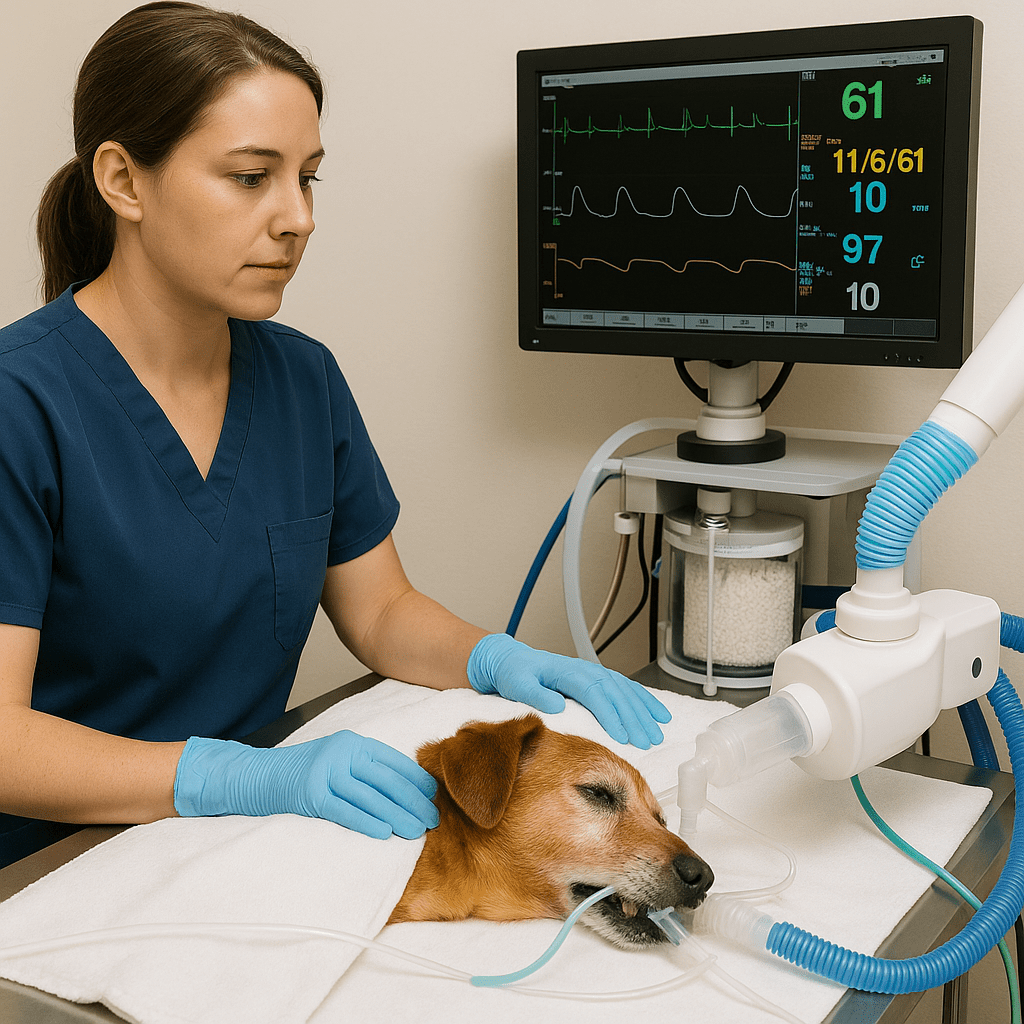 veterinarian monitoring senior dog under anesthesia during dental procedure