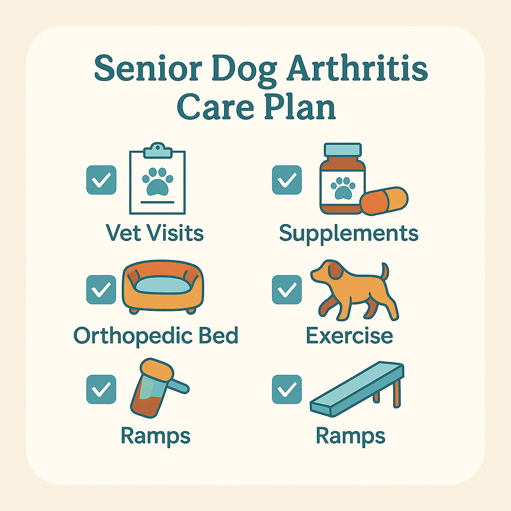Infographic titled “Senior Dog Arthritis Care Plan” with icons for vet visits, supplements, orthopedic bed, exercise, and ramps
