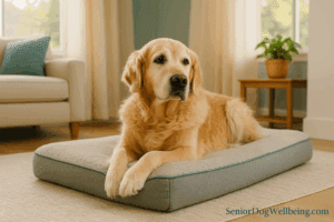 Senior golden retriever relaxing on an orthopedic dog bed as part of a senior dog arthritis care routine