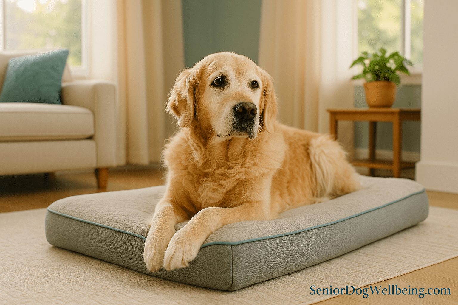 Senior golden retriever relaxing on an orthopedic dog bed as part of a senior dog arthritis care routine