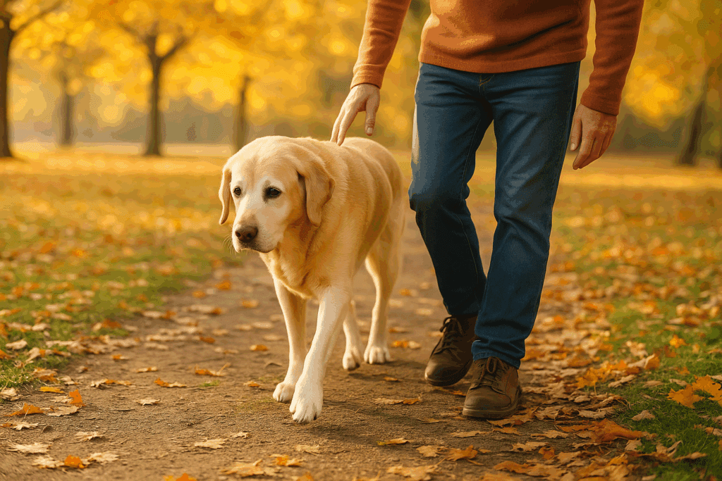 Senior Labrador walking slowly in a fall park with a slight limp, supported by owner