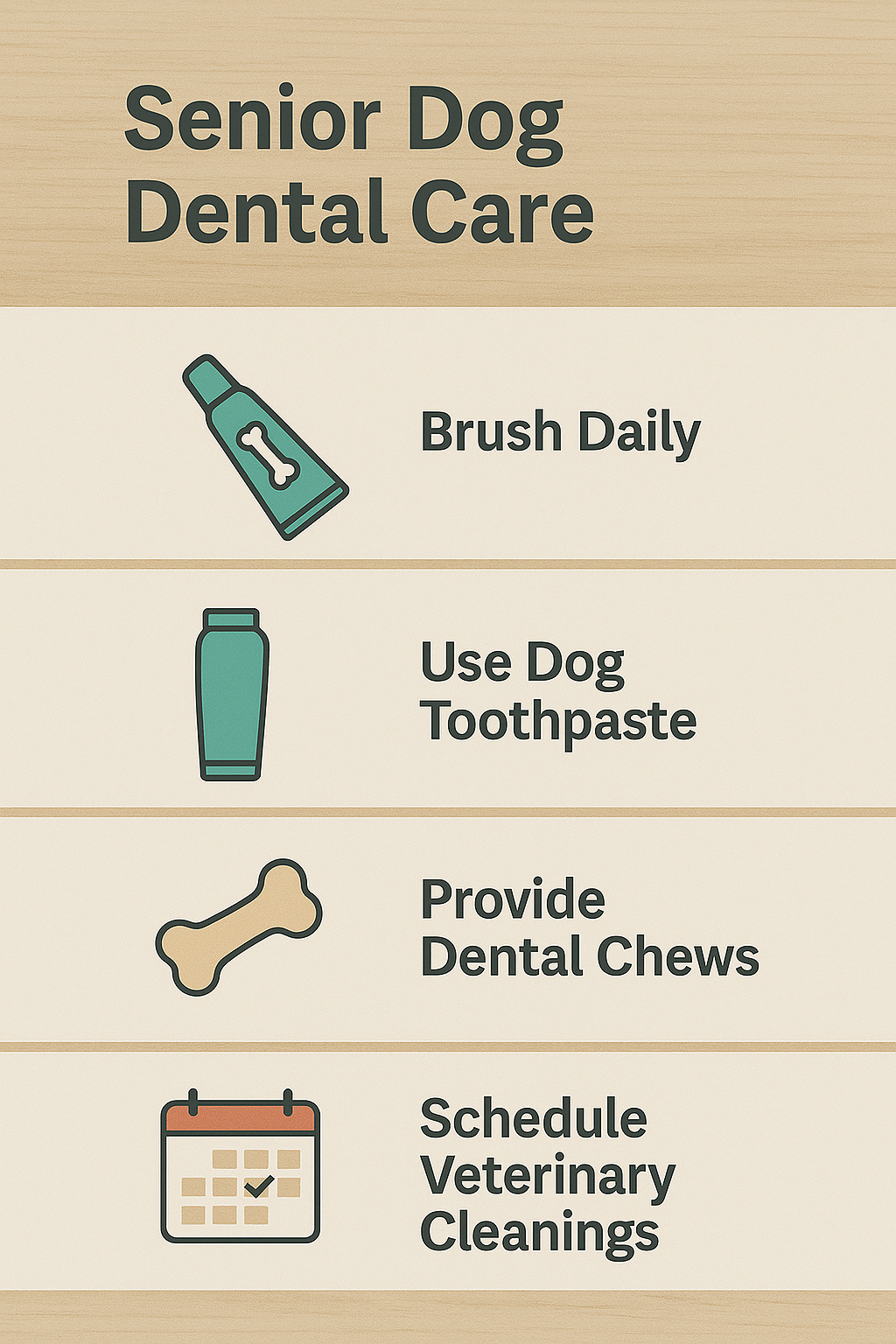 Infographic showing senior dog dental care tips including daily brushing, dental chews, and annual vet cleanings.