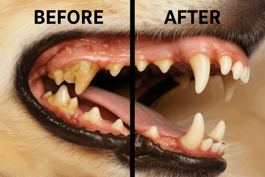 before and after dental cleaning showing tartar removal in senior dog
