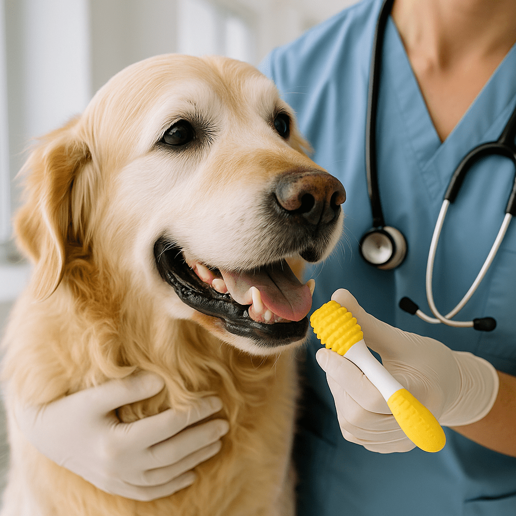 veterinarian lifting a senior dog’s lip to check teeth and gums for disease