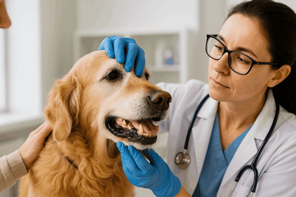 veterinarian performing a dental exam on a senior dog during a checkup