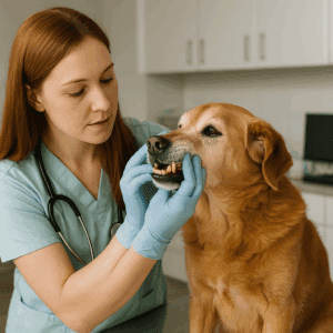 senior dog dental exam with veterinarian checking gums and teeth