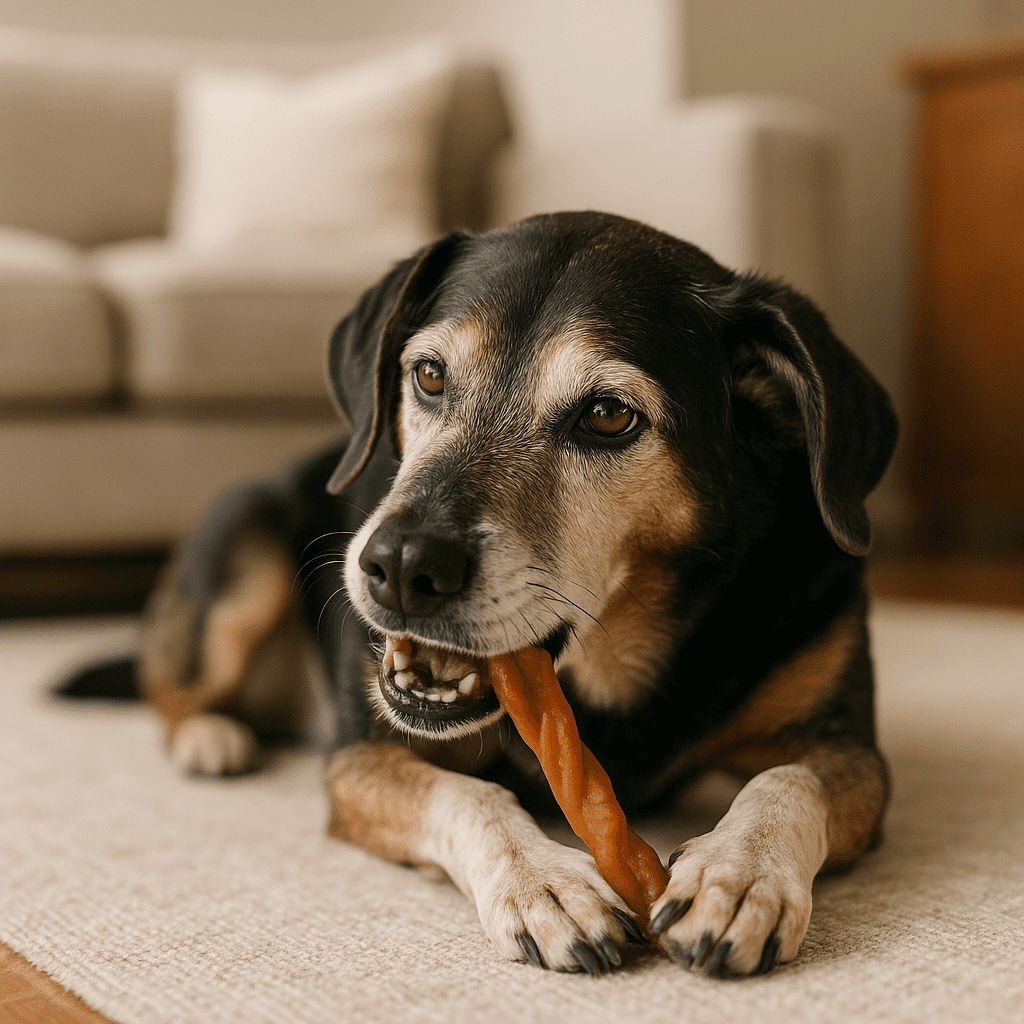 A senior dog safely chewing a soft-textured treat suitable for reduced chewing strength.