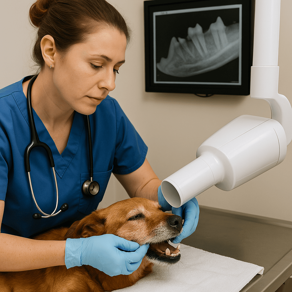 veterinarian taking a dental X-ray of a senior dog under anesthesia