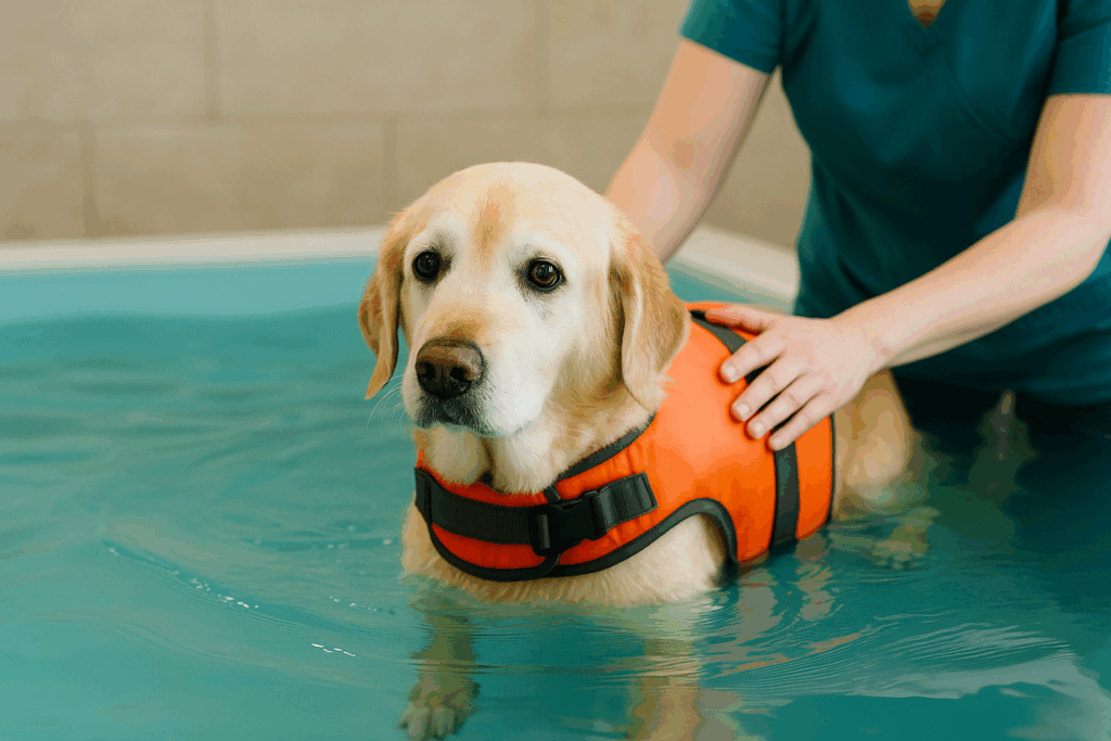 Senior dog wearing a flotation vest in a hydrotherapy pool guided by a therapist’s hand