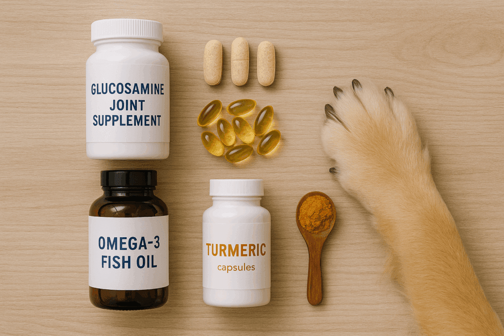 Flat lay of glucosamine, omega-3 fish oil, turmeric, and a senior dog’s paw on a wooden surface