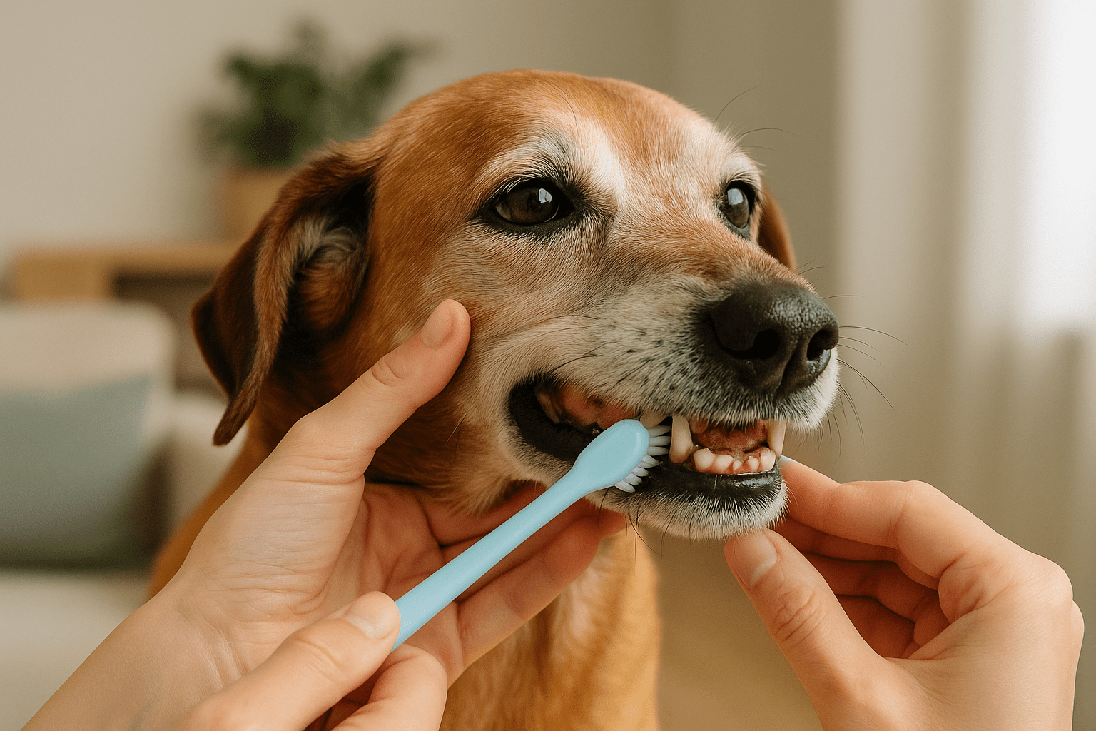 Senior dog with gray muzzle having teeth brushed gently with a soft toothbrush at home.