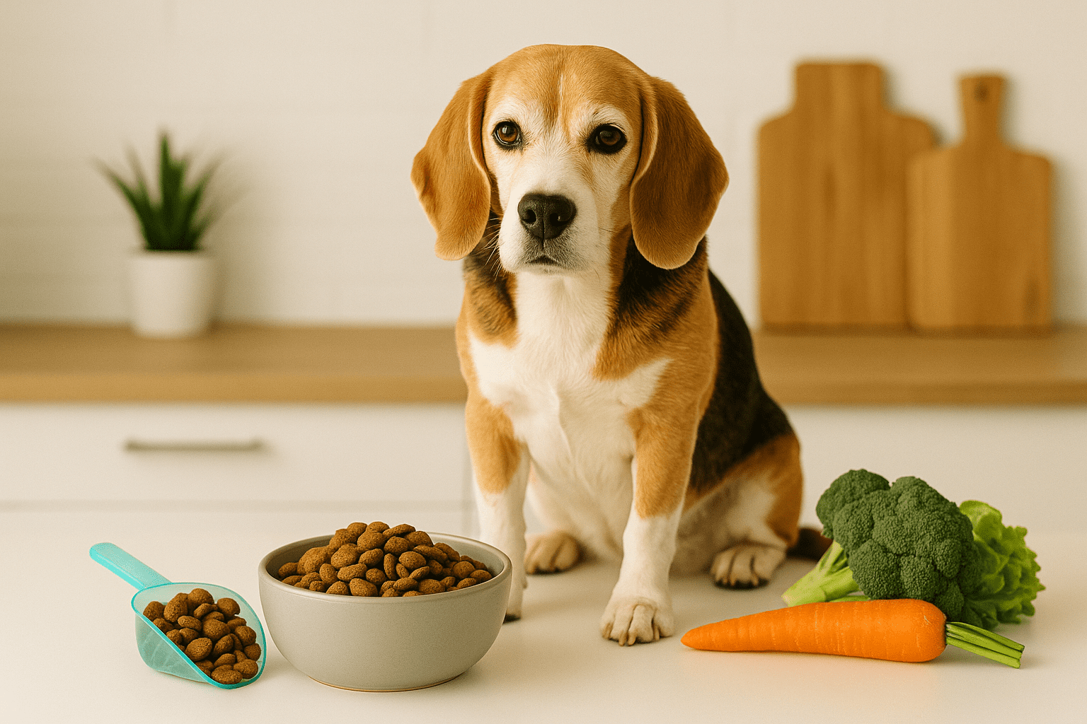 Senior Beagle sitting beside a bowl of portioned dog food with vegetables and a measuring scoop