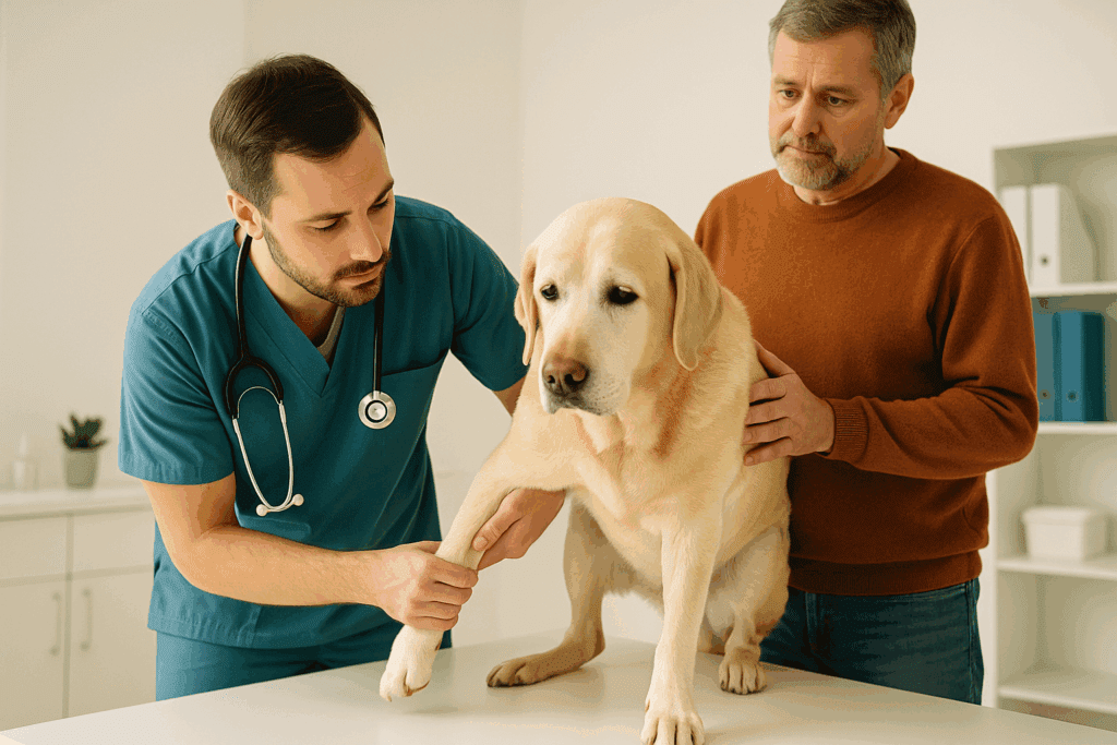 Veterinarian examining an older dog’s legs and hips while the owner watches with concern