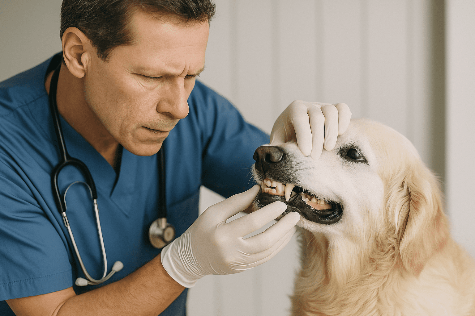 veterinarian checking a senior dog’s mouth for dental disease