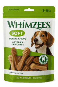 bag of Whimzees Soft Dental Chews designed for senior dog dental health