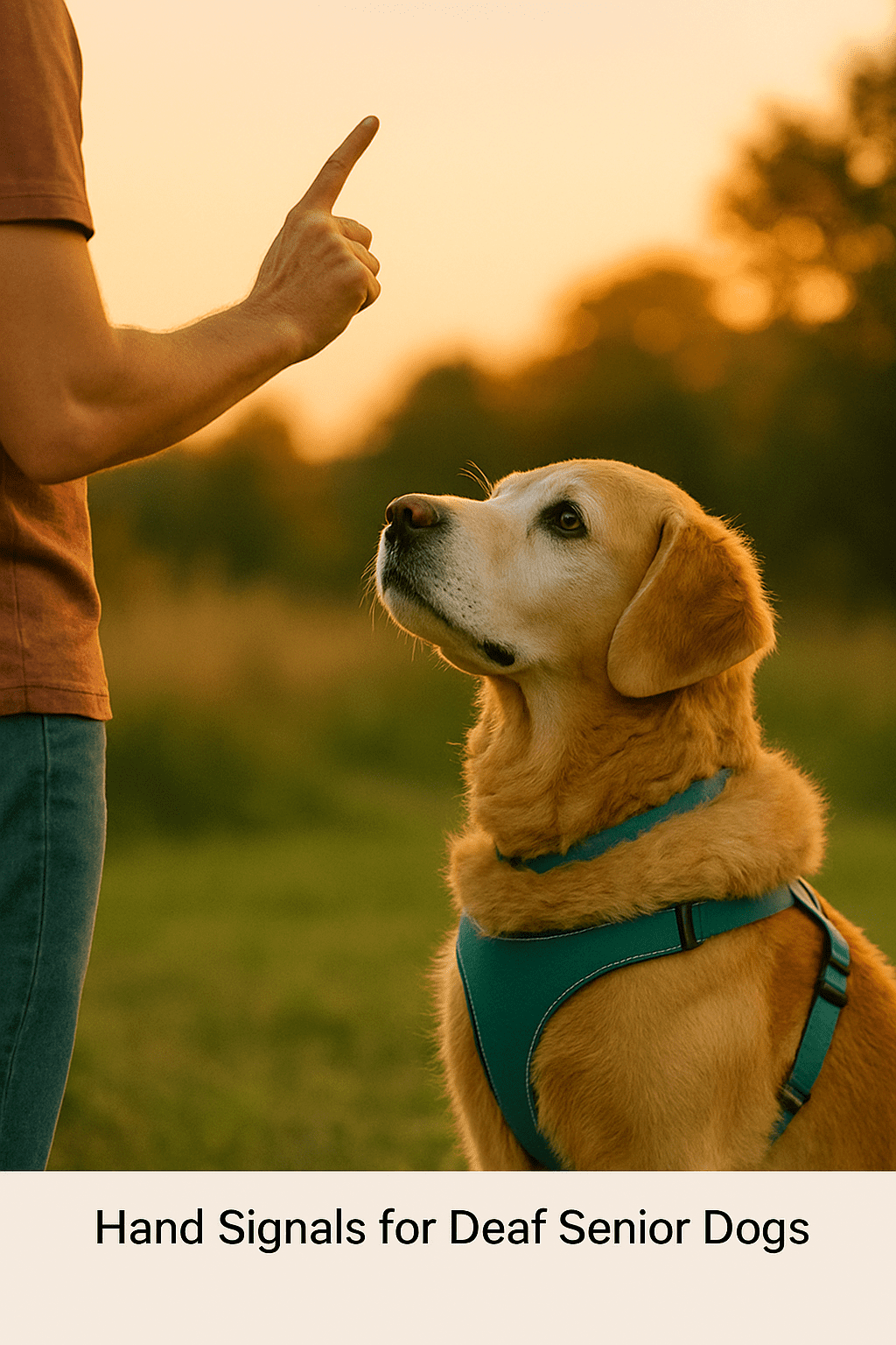 Pet parent using a hand signal to communicate with a deaf senior dog outdoors.