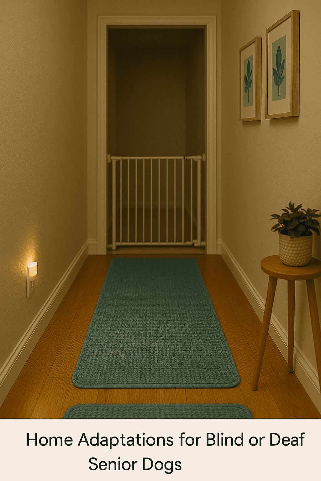 Nightlights and non-slip rugs used to help a senior dog with vision or hearing loss navigate the home safely.
