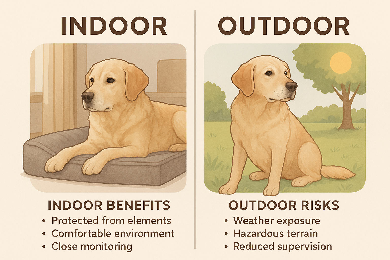 Side-by-side comparison graphic showing indoor benefits and outdoor risks for senior dogs.