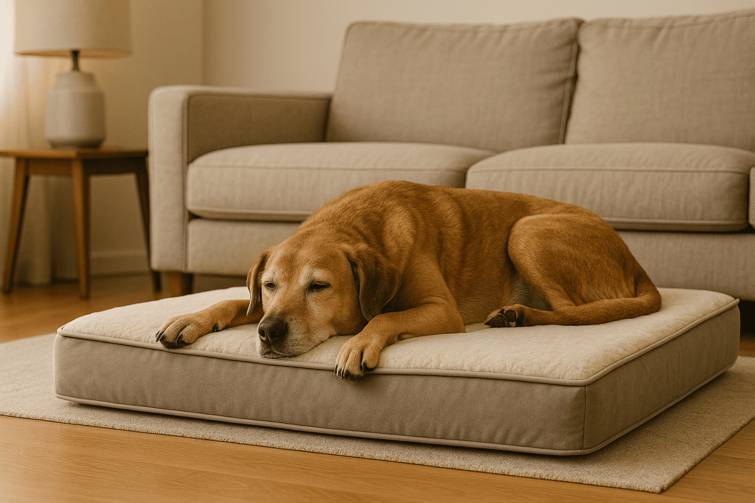Senior dog resting comfortably on an orthopedic bed designed to support aging joints