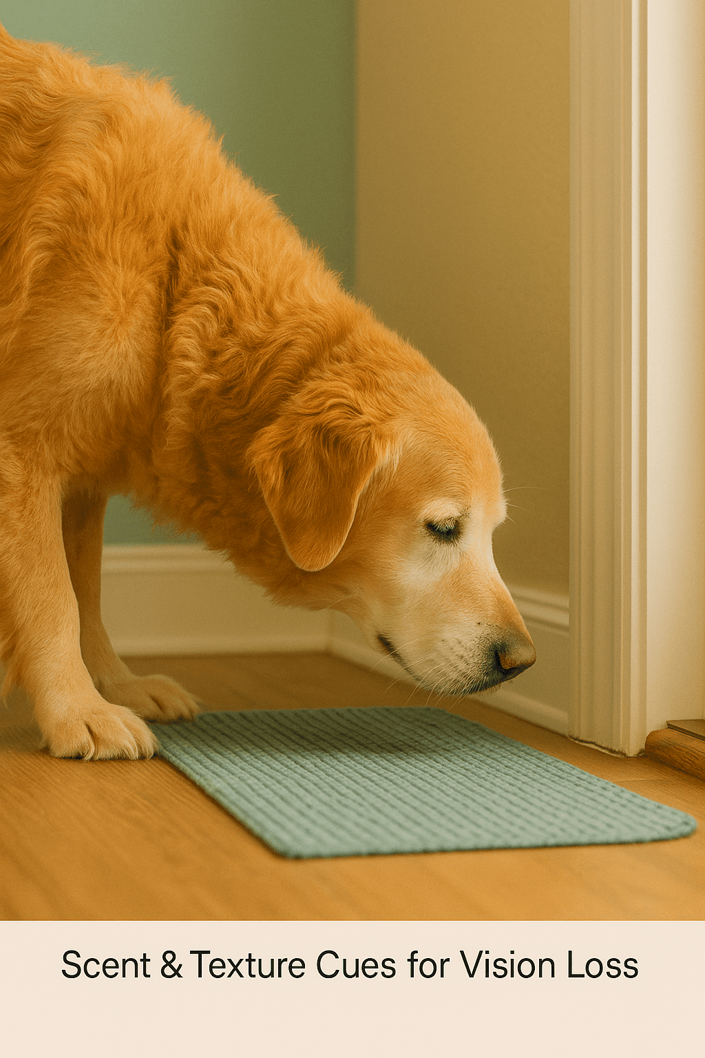 Senior dog using scent and texture cues to navigate the home with reduced vision.