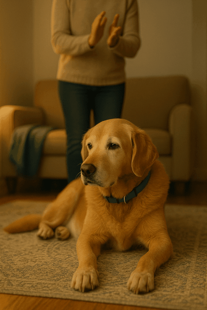 Older dog not responding to sounds behind them, a common sign of age-related hearing loss.