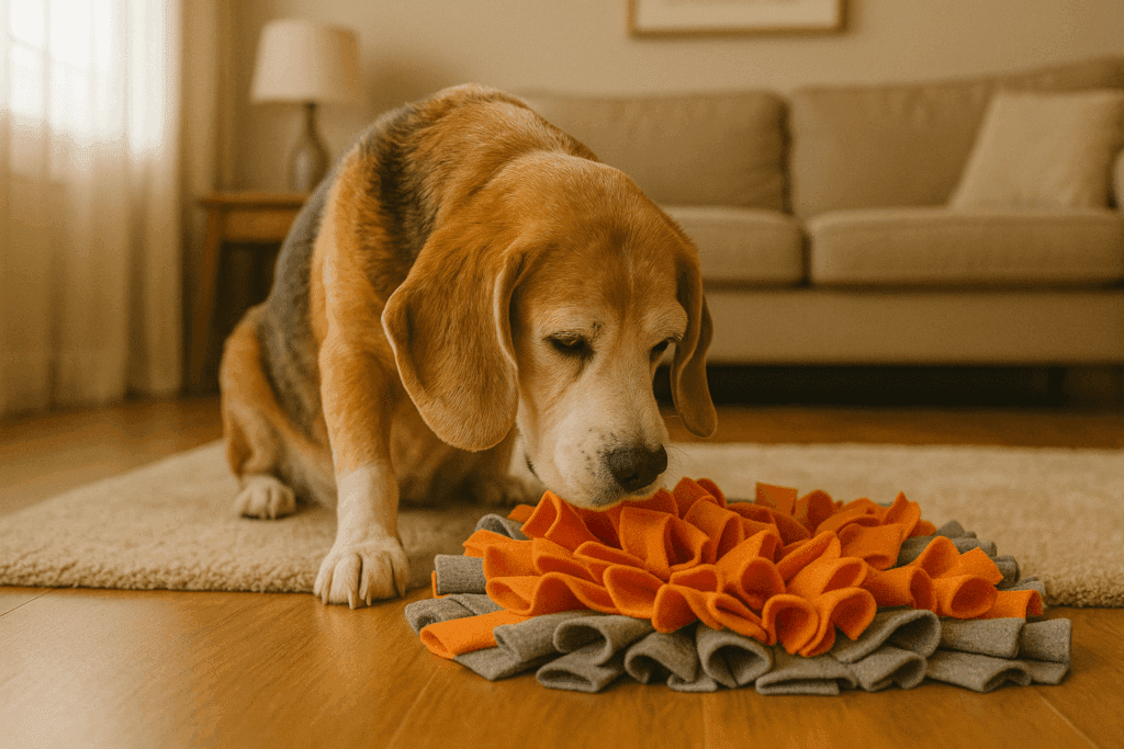 Senior dog using a puzzle toy indoors for mental stimulation.
