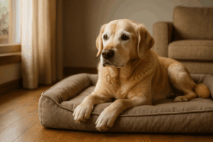 Senior dog resting on a cozy orthopedic bed in a warm indoor home environment.
