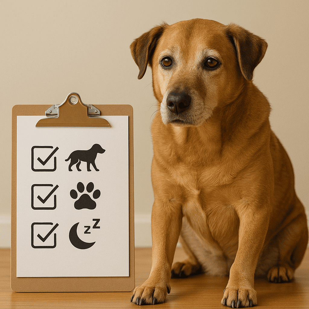 Senior dog pain level assessment focusing on mobility, behavior, and comfort indicators