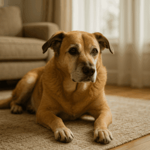 Senior dog resting at home with subtle signs of discomfort often linked to pain or arthritis